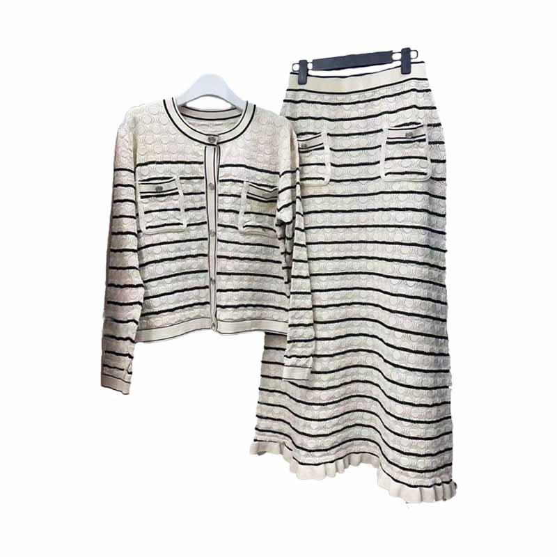 

2025 Women s Striped Knit Cardigan & Midi Skirt Autumn Set S