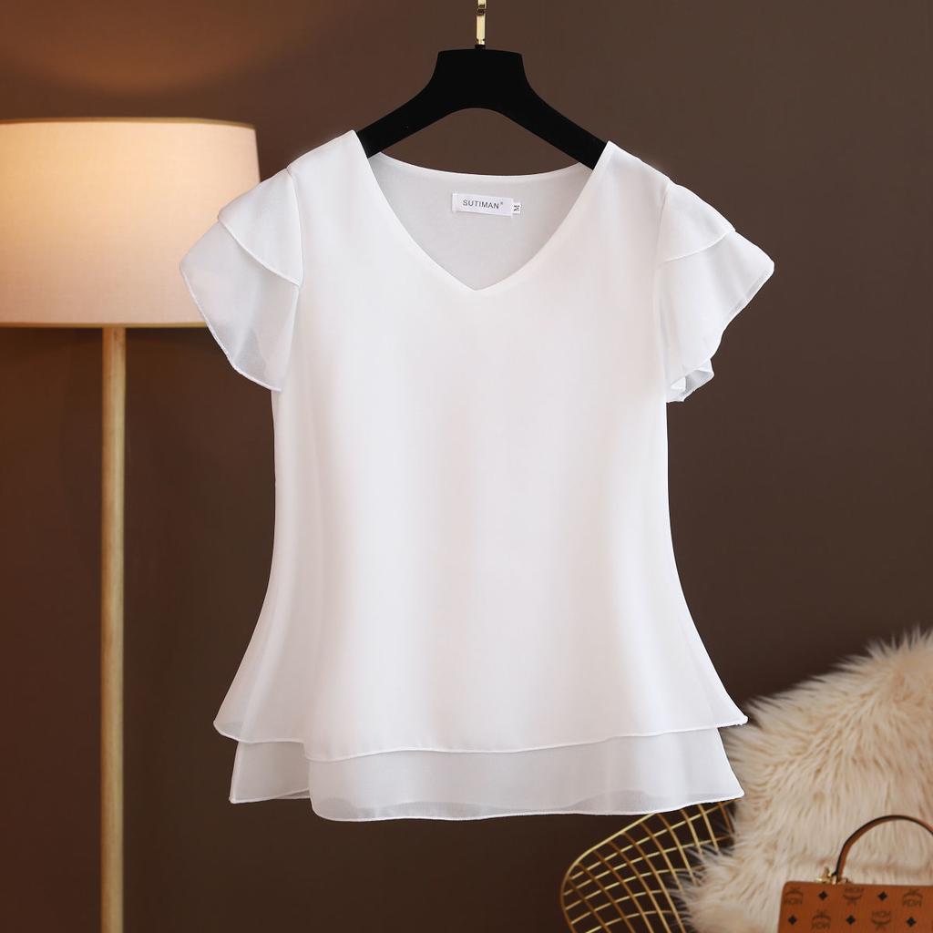 Summer Women Blouse V-Neck Chiffon Shirt Loose Female Short Sleeve Blouse Oversized Shirts Womens Tops