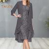 2 Teile/satz Damen Strickjacke Kleid Set Spitze Blumenstickerei O Hals Slim Fit Midikleid Dünn Unregelmäßig Dreiviertel Ärmel Mittellang Mantel Formal