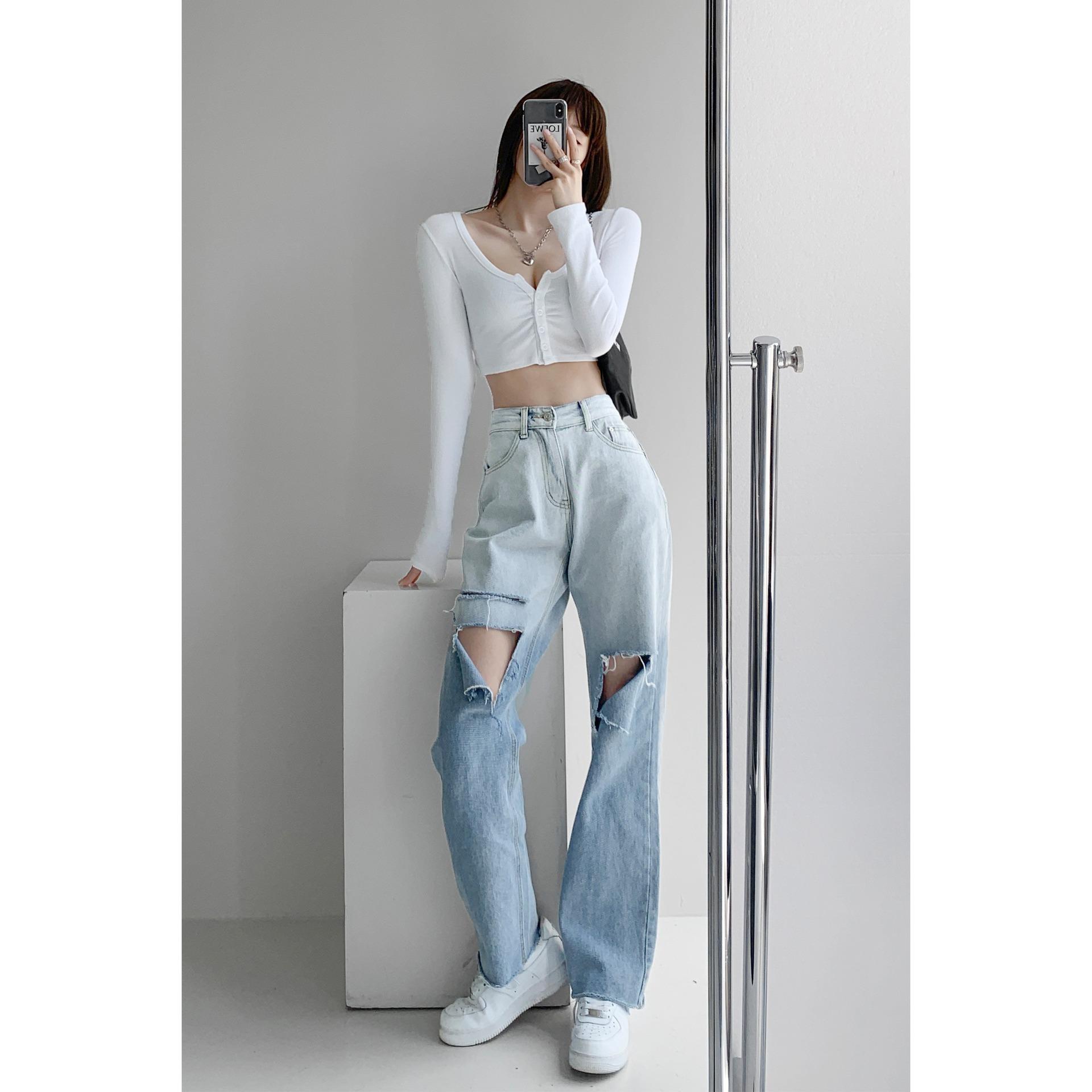 

Винтажные свободные джинсы с высокой талией, женские узкие рваные брюки с широкими штанинами