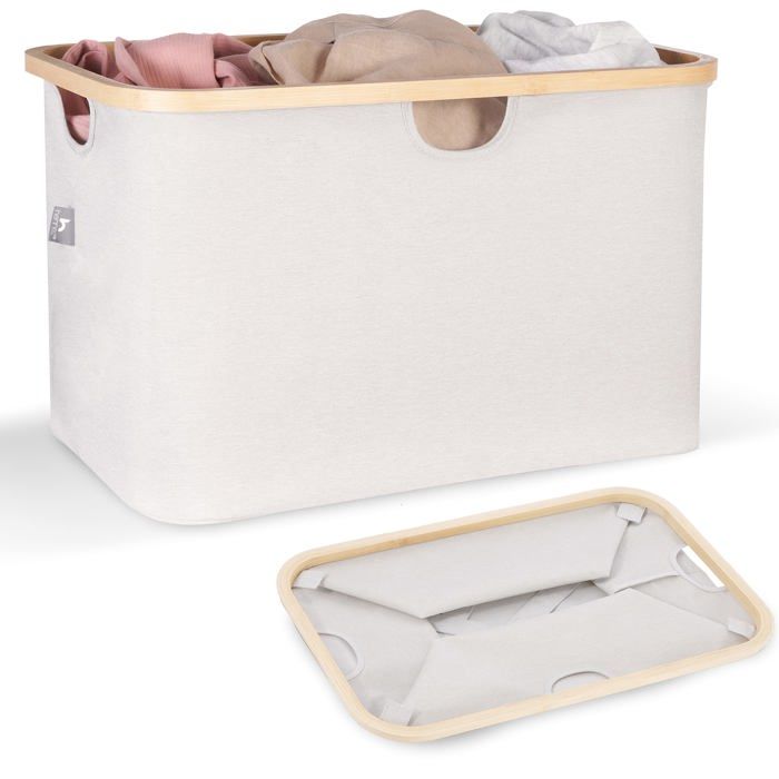 Panier linge - hennez - pliable 60l - gris clair - tissu et bambou - avec couvercle