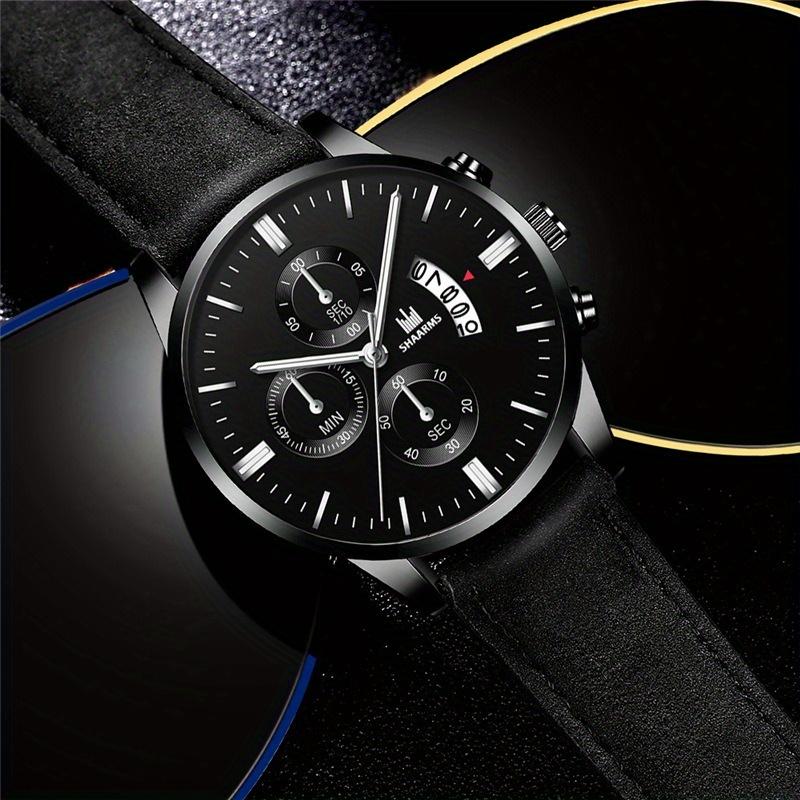 2-teiliges Set Herrenmode-Uhren Herren Neue Luxus-Leder-Kalender-Quarz-Uhren & Schwarze Leder-Geldbörse Herren-Geschenke Beste Wahl
