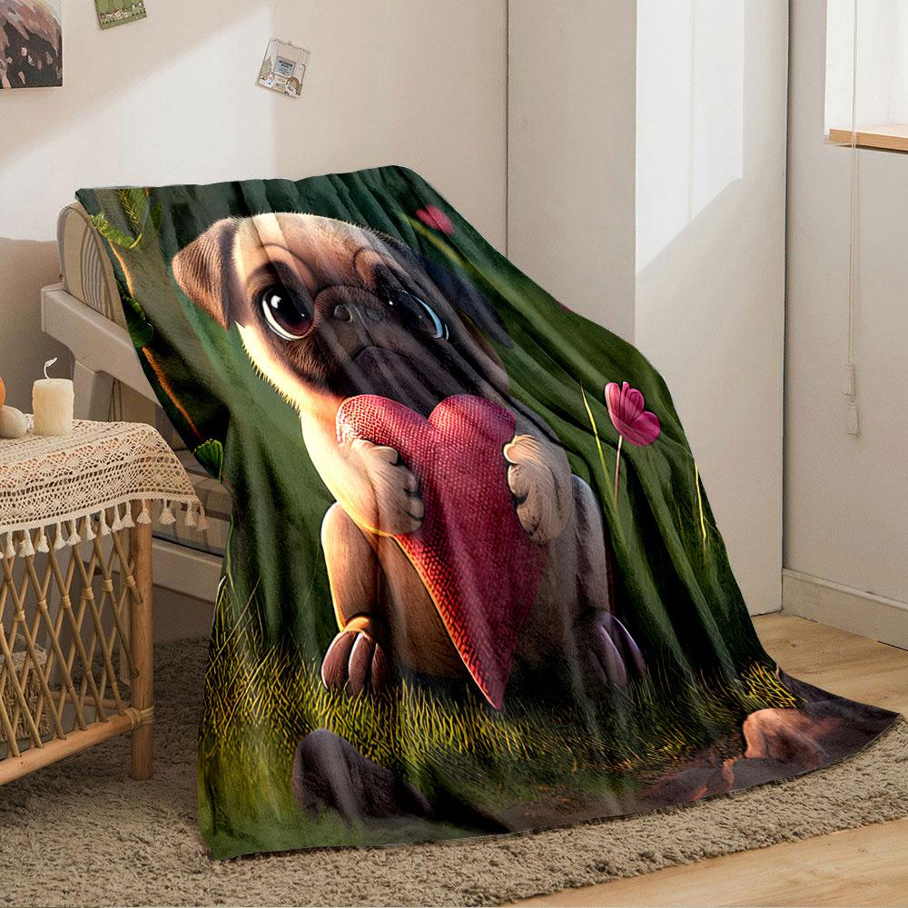 Cute Pug Holding Heart Blanket for All Seasons Blanket Lunch Break Throw Gift