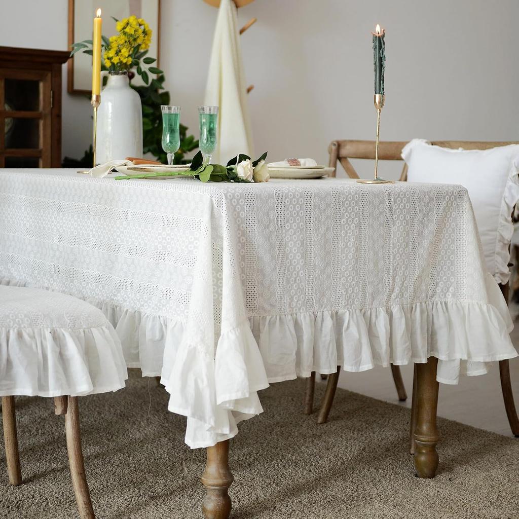 White Cotton Tablecloth Ruffled Lace Flower Embroidered Tablecloths, French Washable Table Cover for Kitchen Wedding Christmas