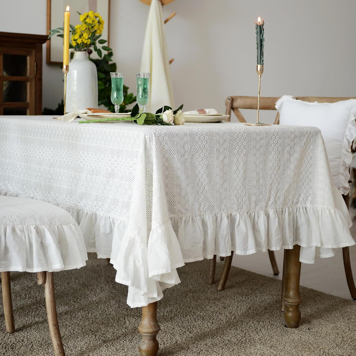 

White Cotton Tablecloth Ruffled Lace Flower Embroidered Tablecloths, French Washable Table Cover for Kitchen Wedding Christmas 100x150cm
