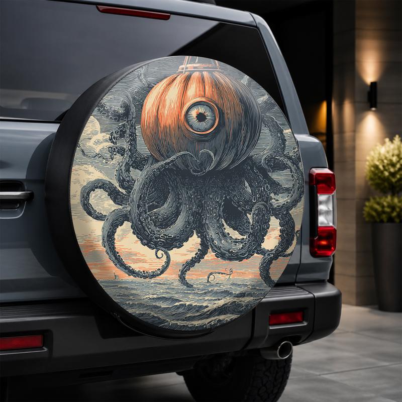 1pc Vintage Illustration Octopus Eyeball Car Tire Cover, Artistic Ocean-Style Protective Utility Item, Beautiful and Durable, Easy to Install, Portabl