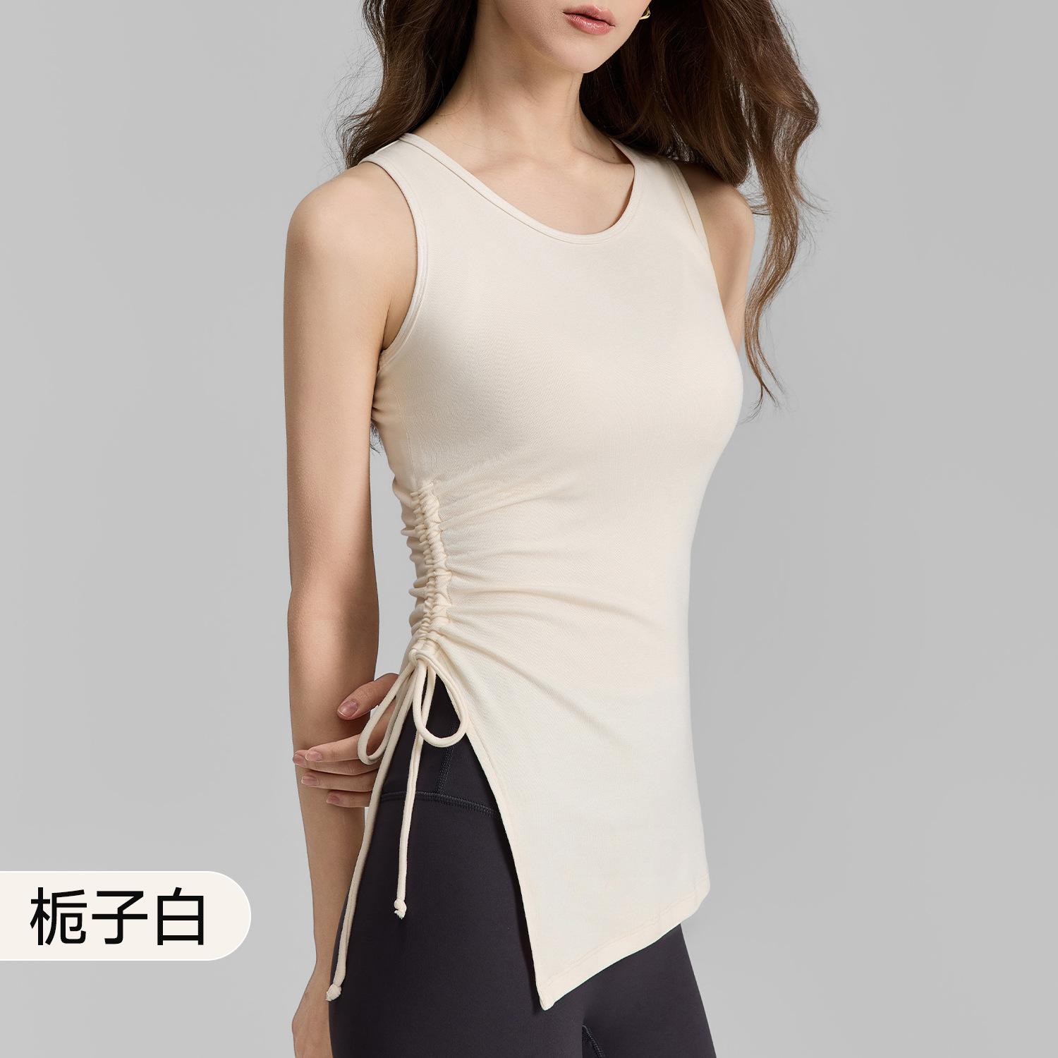 Ribbed Yoga Suit Women s Summer Sleeveless Crew Neck Yoga T-Shirt Drawstring Split Sports Fitness Top S