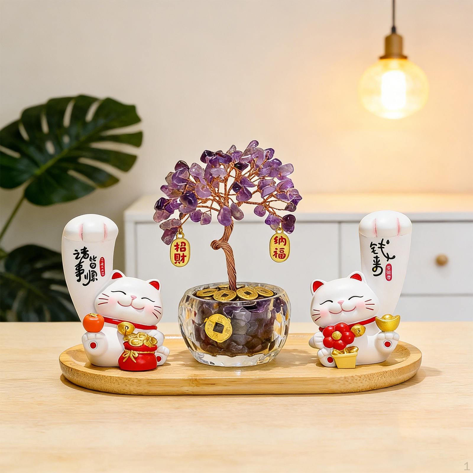 

Cat Money Tree Figurine Cats Statue Crafts Feng Shui Decoration for Restaurant Year Party C