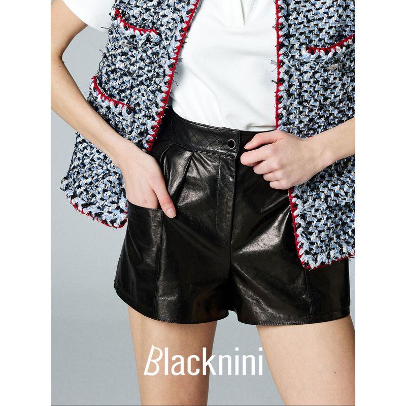

Blacknini Yin Huafu Luxury Brand Craft Oil Wax Sheepskin Quilted Straight High Waist Pocket Leather Shorts Black S