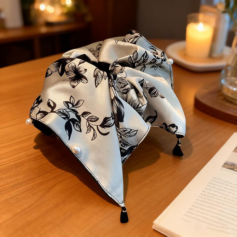 

2025 New Style Grey Chinese Ink Painting Scarf Hair Tie with Tassel Ribbon