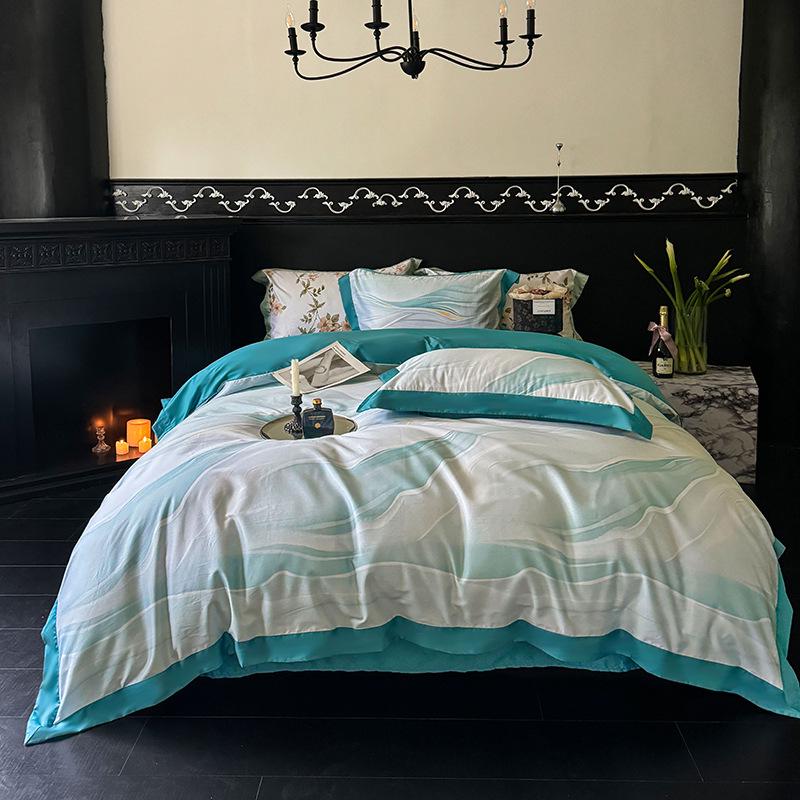 100-Piece Light Luxury Long-Staple Cotton Reactive Print 4-Piece Bedding Set with Wide-Edge Bed Sheet & Duvet Cover