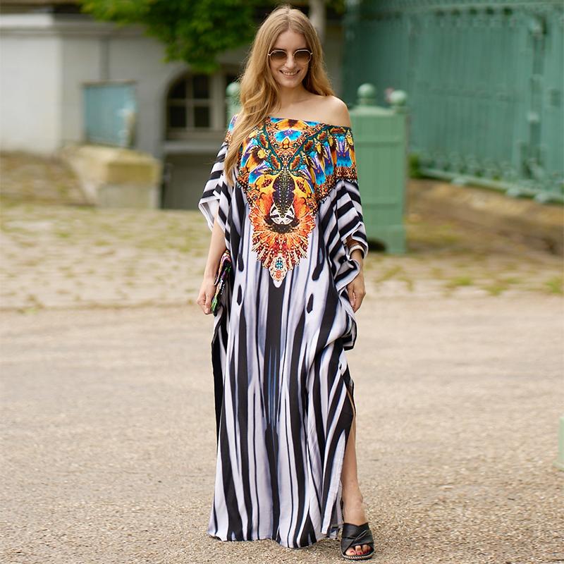 EDOLYNSA Bedruckte türkische Robe mit Fledermausärmeln, Sommer-Tunika, Plus-Size-Bademode, Cover-Up für Damen-Bademode, blaue Kaftan-Kleider, Q1415