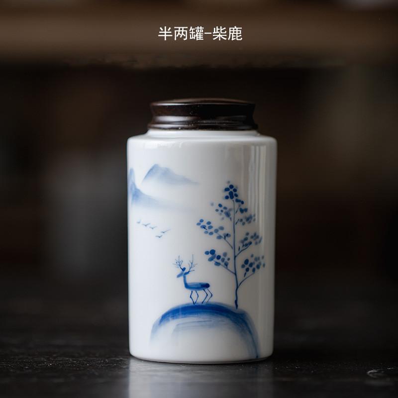 

220ml Hand-painted Ceramic Tea Jar Ebony Lid Storage Jar Portable Moisture-proof Coffee Container White Porcelain Tea Sealed Jar 6.5x11cm 220ml