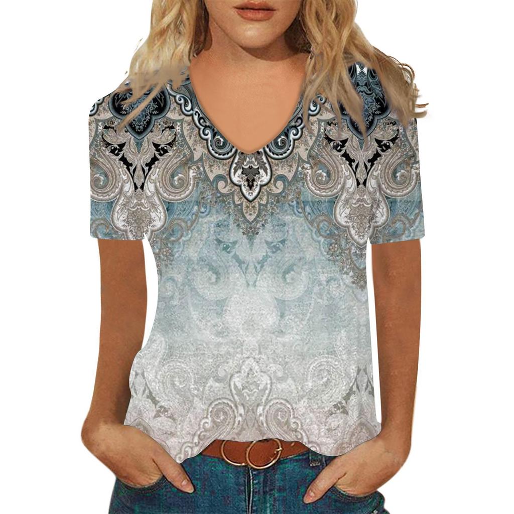 Women's Short Sleeve T-shirt Printed V-neck Imitation Cotton Top