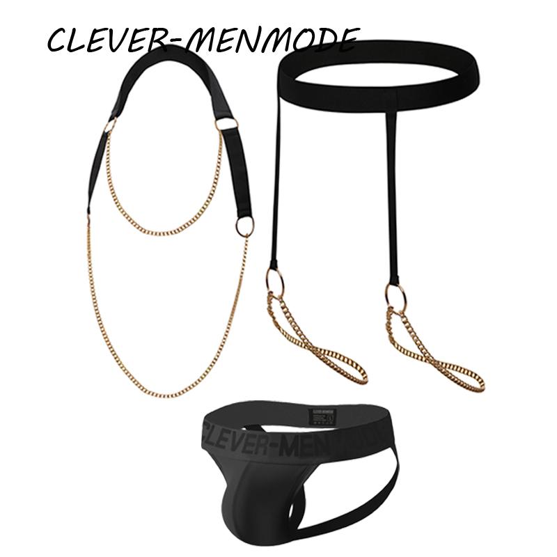 Men's Sexy Metal Halterneckchest Strap Harness Thong Set Open Chest Crop Top Strap-On Suspender Lingerie Adult Rave Accessories