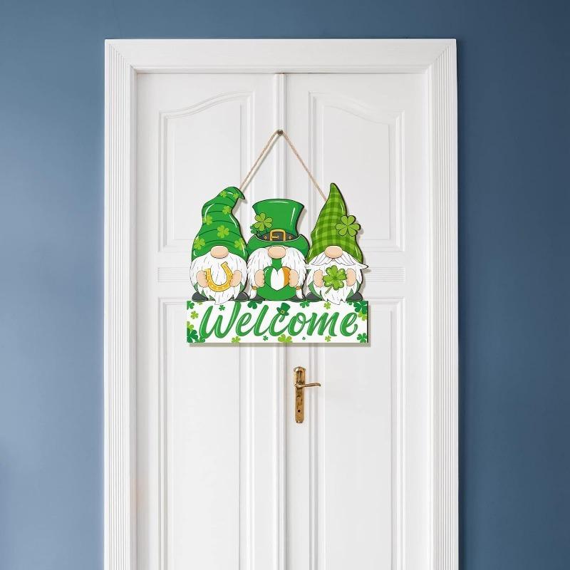 1pc Farmhouse Wooden Hanging Pendant, St. Patrick's Leprechaun Gnome Welcome Sign for Porch/Wall/Front Door Decor