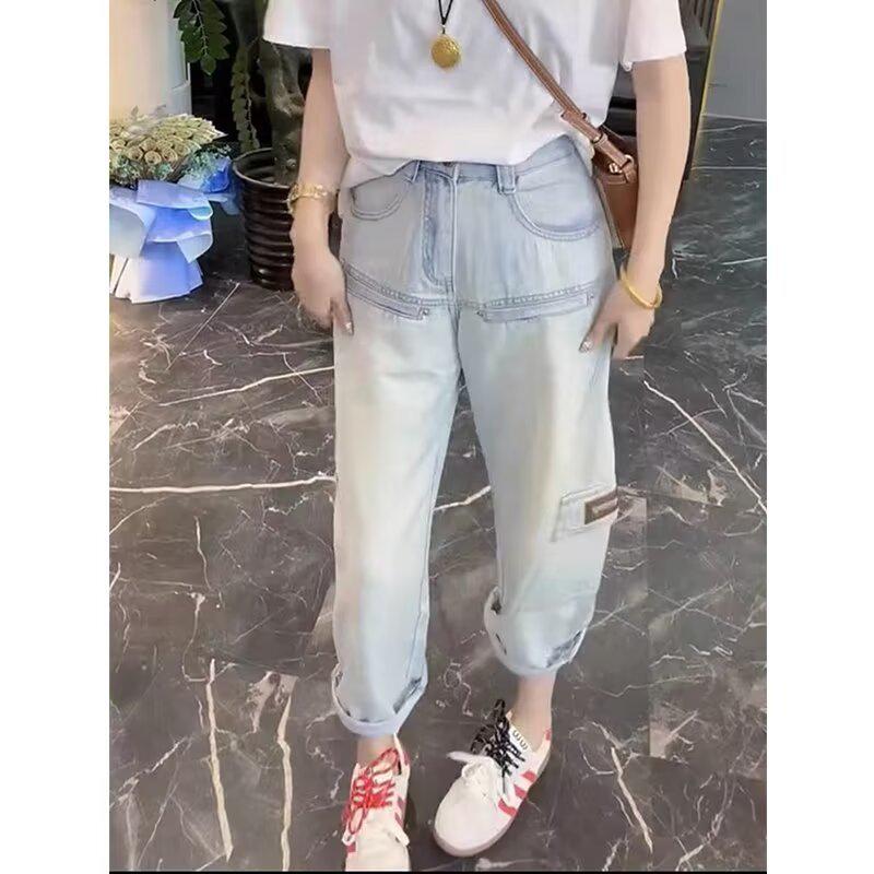 

Джинсы прямого кроя с высокой посадкой больших размеров для женщин - Утягивающие брюки-морковки гаремы для фигуры типа груша 2XL светло-синий