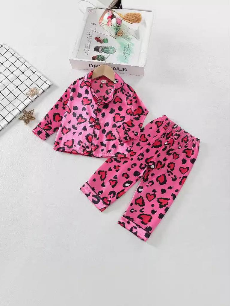 Leopard Print Silk Pajama Set - Long Sleeve for Children (Spring to Autumn)