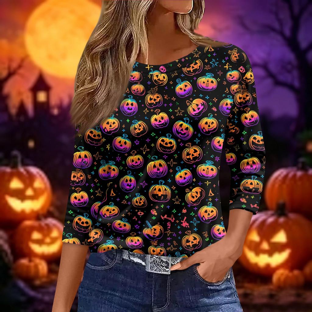Women's Halloween and Pumpkin Print Short Sleeve Round Neck T-Shirt Casual Pullover Top