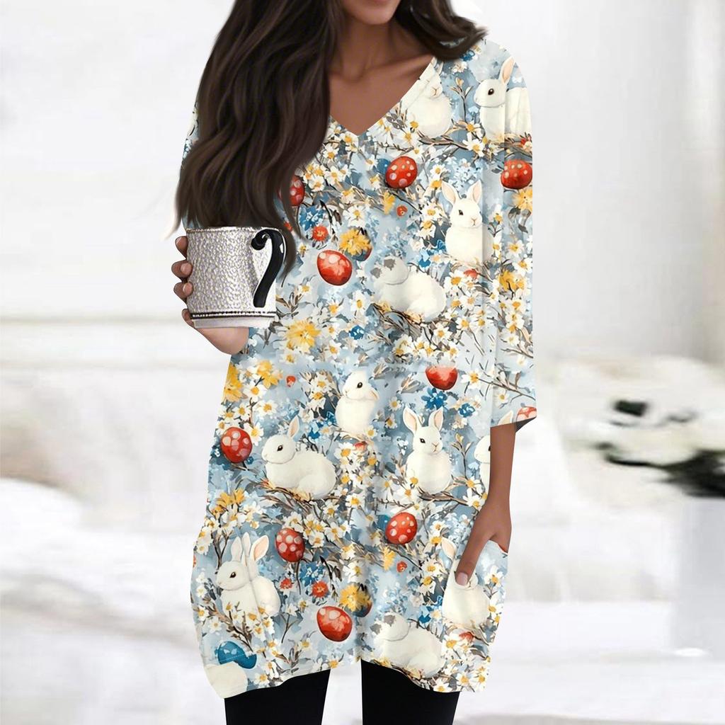 Womens Tops V-neck 3/4 Sleeve Blouses Casual Mid-length Shirts Fashion Print Tunic Tops With Pockets