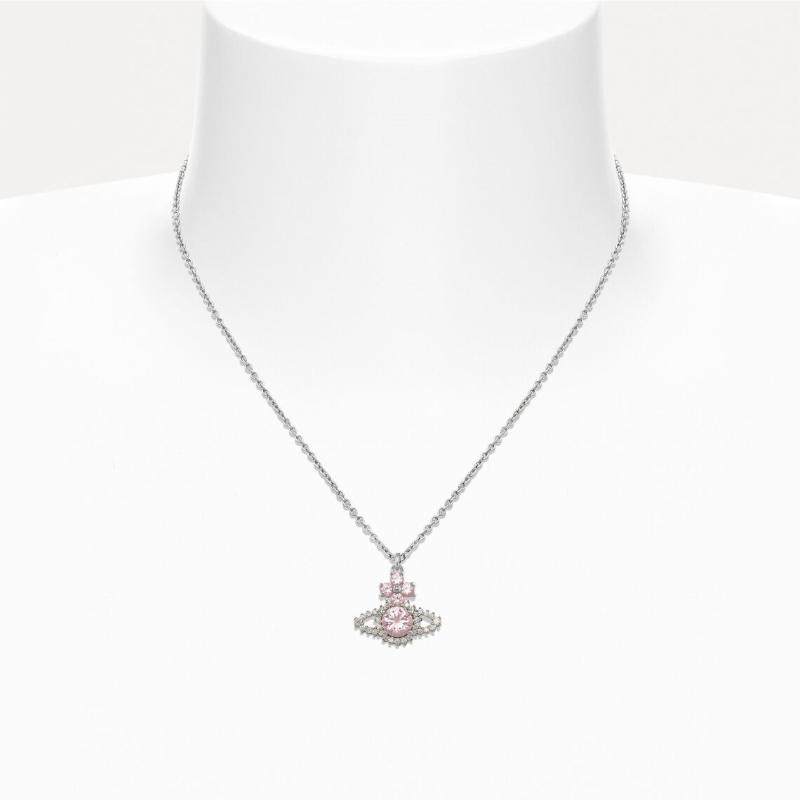 VIVIENNE WESTWOOD Valentina Saturn Shaped Pink Pendant Platinum Crystal Necklace Unisex Necklace Silver Pink-Diamond 8053195229369