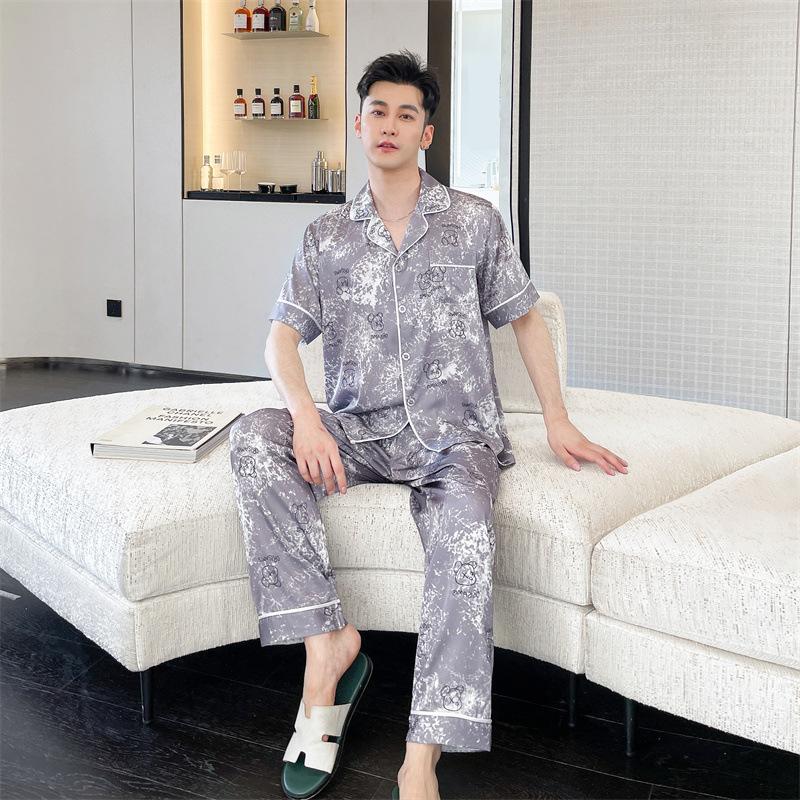 Men's new ice silk pajamas, short-sleeved trousers, spring lapel suit, literary and artistic casual loungewear can be worn outside