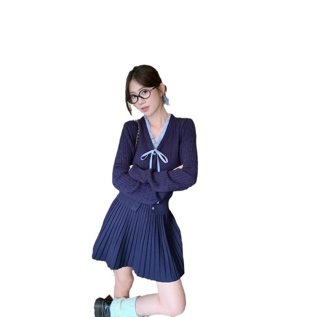 Korean Preppy Ruffle Knit Cardigan & Pleated Midi Skirt Set for Women (Autumn/Winter)