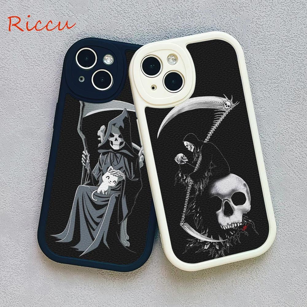 Grim Reaper Skull Skeleton Moblie Phone Case for Iphone 15 promax 12 13 pro 14 Pro  mini plus Lambskin Protective black Covers