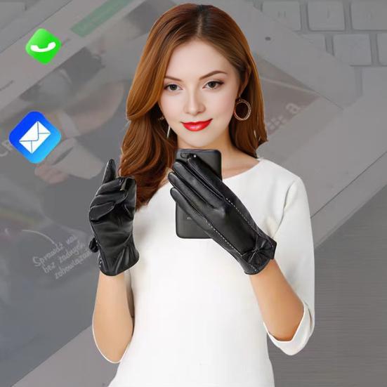 Women Faux Leather Gloves Fleece Lined Touch Screen Gloves Warm Winter Gloves with Bows for Driving Commuting Dating