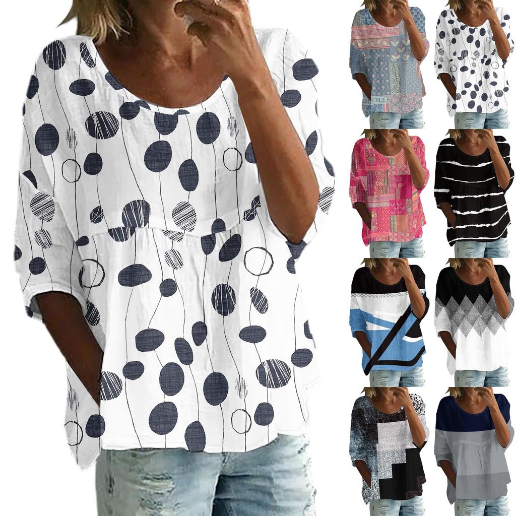 Camicie di Lino da Donna Manica 3/4 Bottoni Scollo O Top Estivi Eleganti Casual Carini