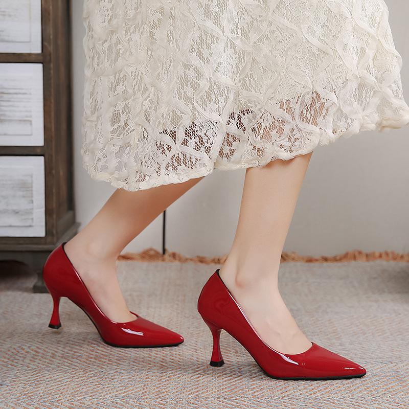 2025 New Spring and Autumn High Heels Women's Thin Heels Versatile Flight Attendant Office Black Work Shoes Ol Commuter Soft Sole Single Shoes