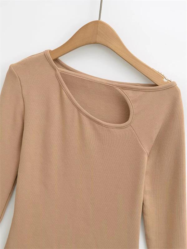Design Sense Oblique Neckline Hollow Long-Sleeve Slim-Fit Velvet Top for Women - Autumn/Winter Sexy Base Layer