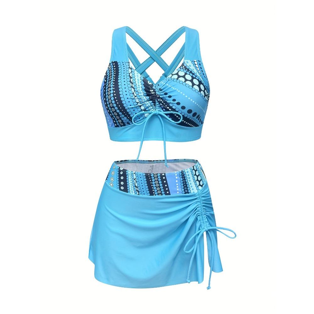Conjunto de Traje de Baño de 3 Piezas para Mujer, Bikini de Moda con Falda, Ropa de Playa, Top de Lazo Ajustable y Falda con Cordón Lateral