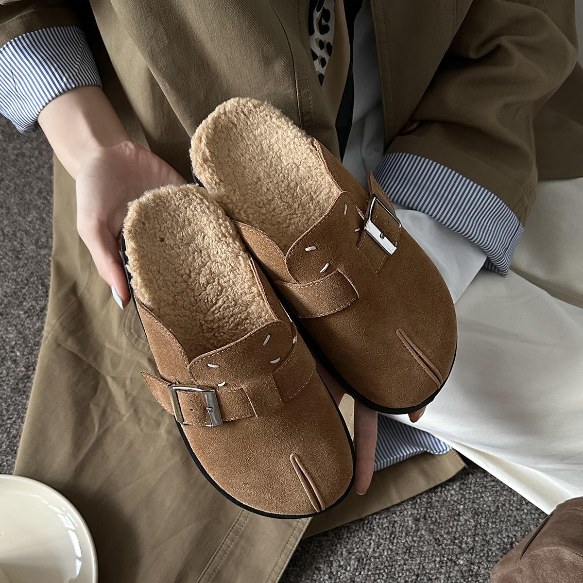 

Soft leather version~ split-toed Boken fluffy slippers women s 2025 thick-soled piled thickened warm versatile Boken shoes outside 40