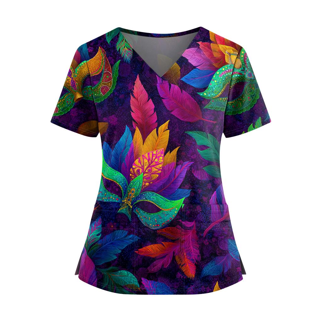 Women's Caregiver Printed V-Neck Double Pocket Short Sleeves Hem Slit Uniform Caregiver Top