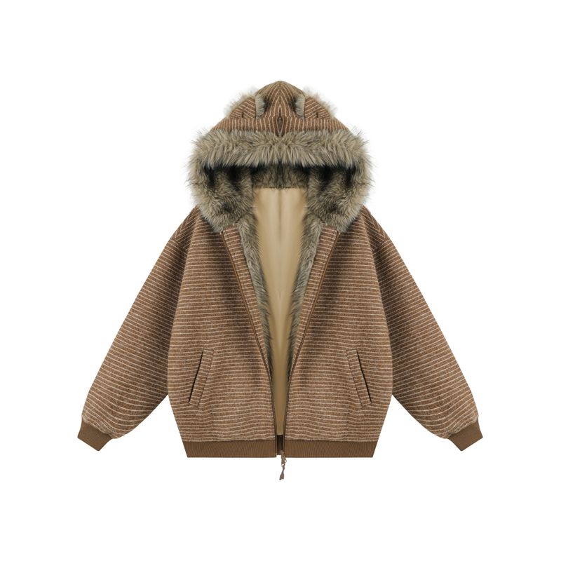 Dream Made Cat Ear Mountain Carving Jacket for Men, Winter Fleece-Lined Thickened Warm Couple Cotton Coat, Striped Cotton Jacket