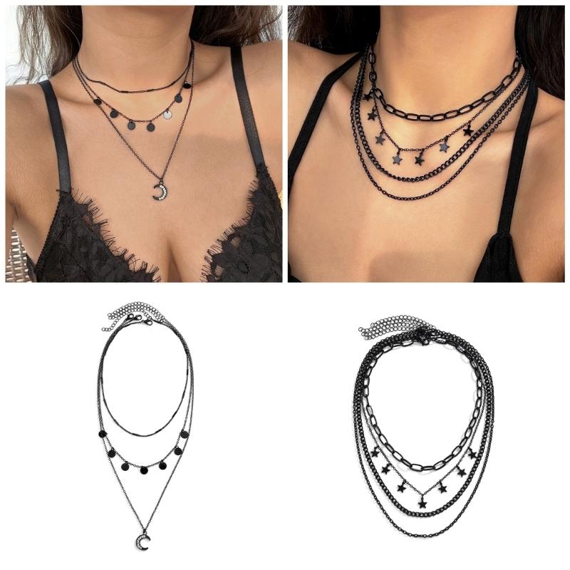 Gothic Black Star Crescent/Star Neckchain Choker Necklace for Women Girls with Tassels Designing and Adjustable Length