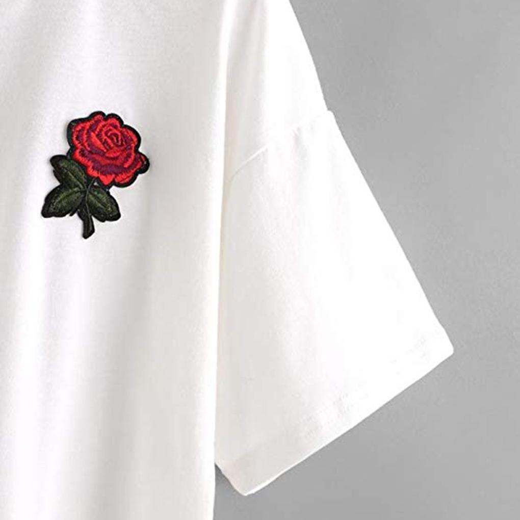 Women V\-neck Embroidered Rose Short T\-Shirt Ladies Top Girls