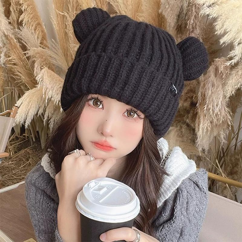 Cute Bear Knitted Wool Hat For Cycling Warm Cartoon Earmuffs Autumn And Winter