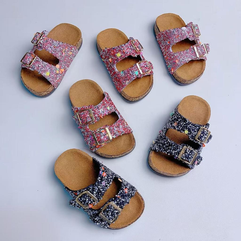 Summer Bling Children's Slippers PU Buckle Cork Slippers For Child Girls Anti Slip Flat Outdoor Kids Fashion Shoes