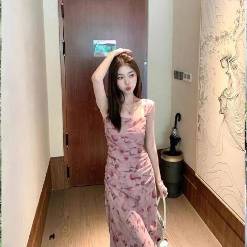 Pink Floral Suspender Dress Womens Summer Slim-fitting Sleeveless Long Dress