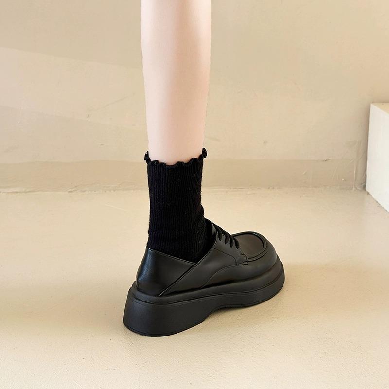 Zhongjia~ British Style Small Leather Shoes Women's 2025 Spring Single Shoes Academy Style Thick Sole Heightening Lace-up Loafers Women's Shoes