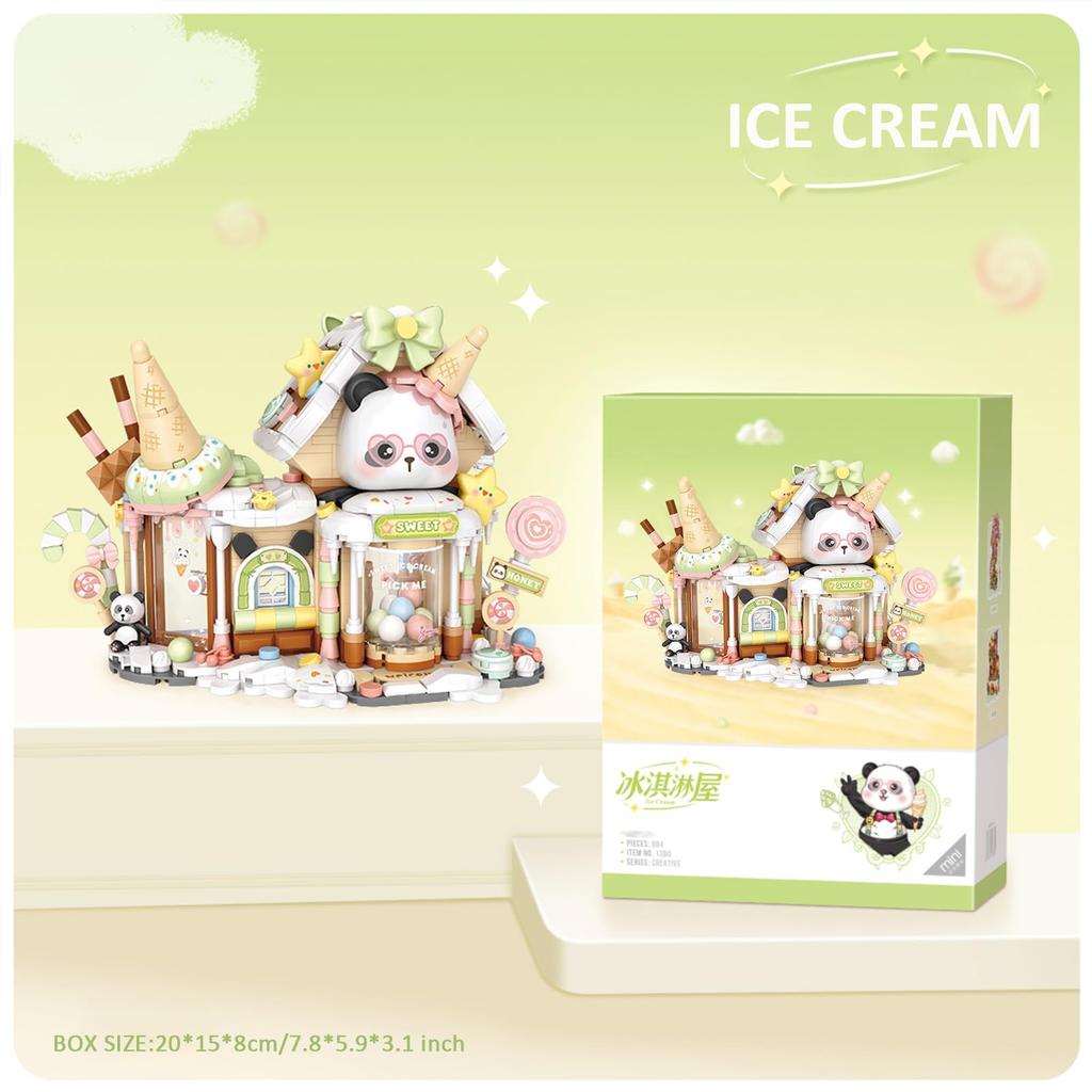 MEIEST Bloc de Construction Magasin de Glaces Panda, Ensemble de Blocs de Construction Magasin Mini Ville Rue Panoramique Jouet de Construction à Particules, Décoration de Maison