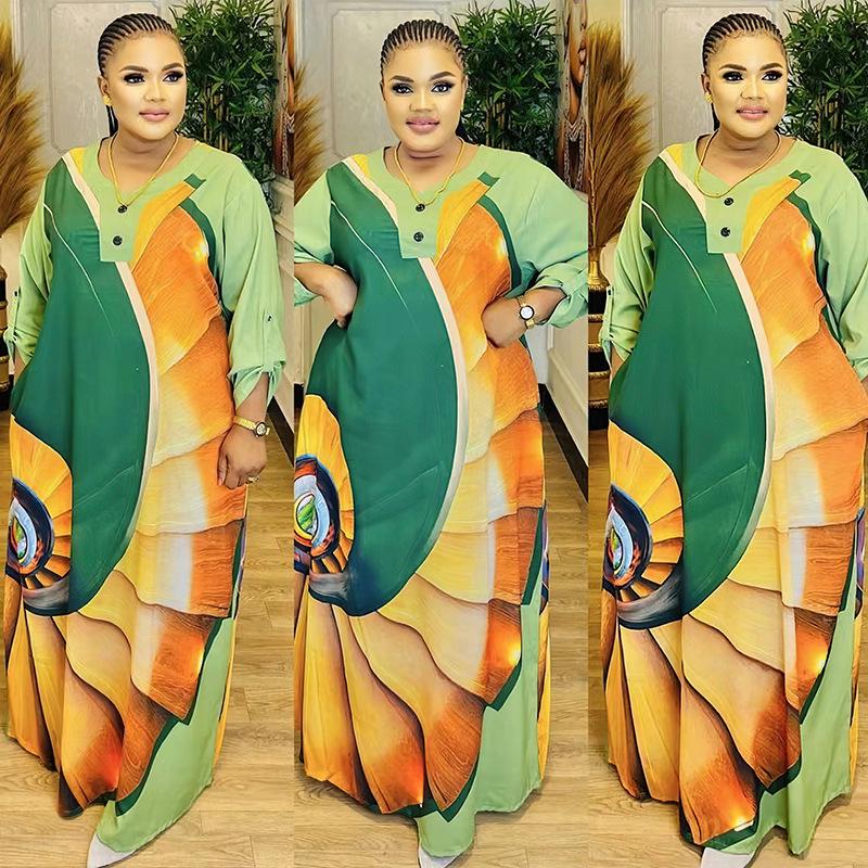 European and American Large Size Women's Satin Print Dress, Arabic Robe Style 8901