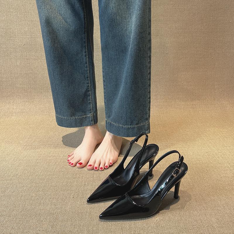 Fashion French Classic Grey Women Pointed Toe High Heel Sandals Open Back Slim Strap Party Commuter Versatile Shoes