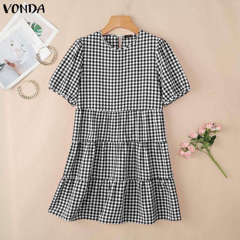 VONDA Women V Neck Puff Sleeve Plaid Print Ruffled Casual Loose Tunic Dress