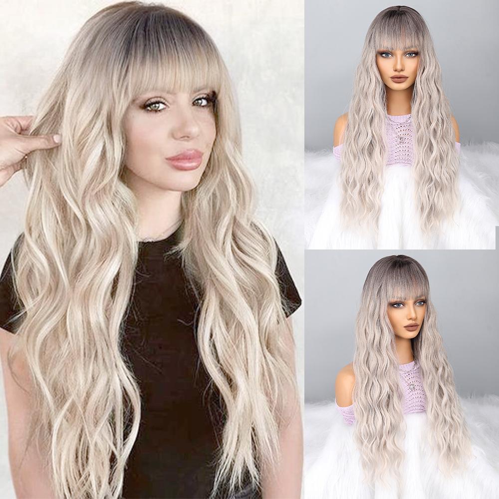 MISS WIG Natural Black Long Wave Wig with Bangs Synthetic High Temperature Fiber Wig Suitable for Daily Wear Party Wigs