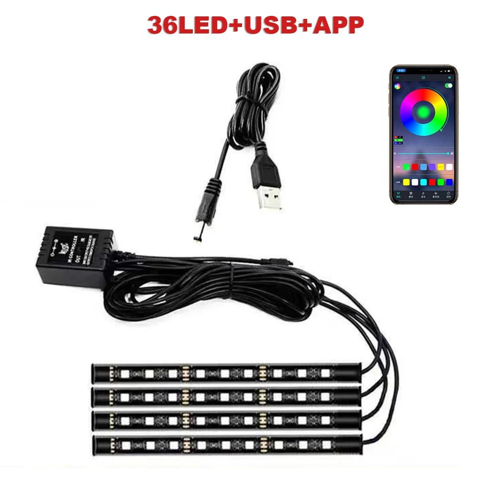 RGB Car LED Strip Lights App/Remote Control Led Lights Car Interior Light with Music Sync Under Dash Footwell Neon Lighting Kit 36 LED USB APP