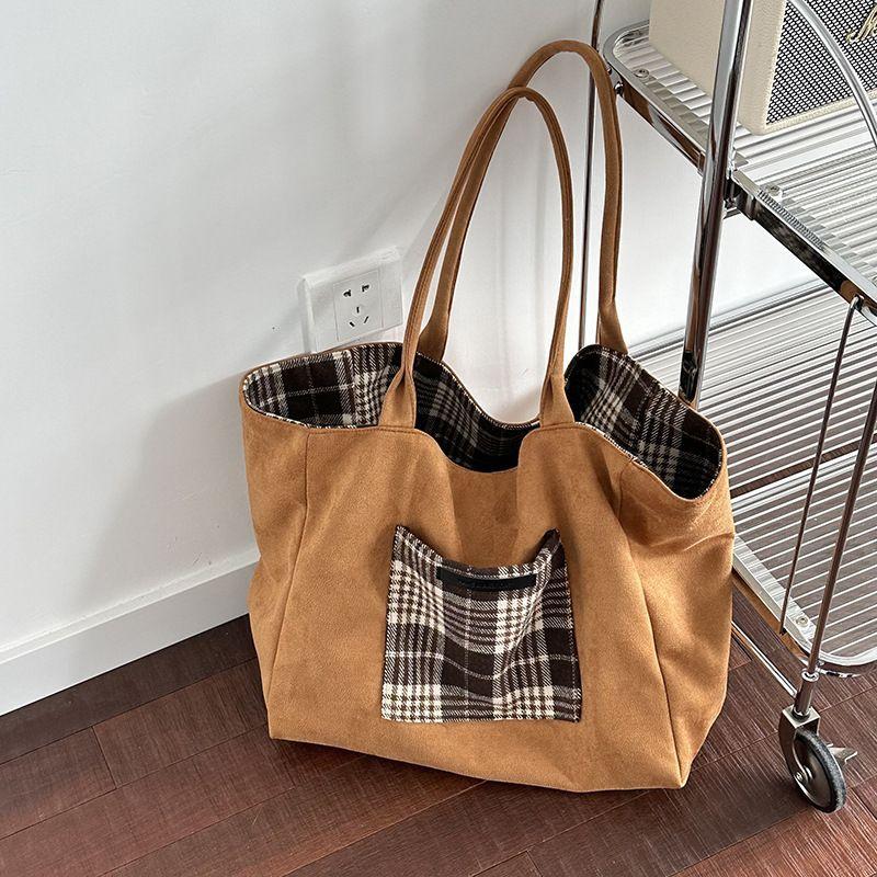 Korean Retro Woolen Plaid Double-sided Back Tote Bag Women's 2025 Autumn and Winter New Academy Large-capacity Shoulder Bag