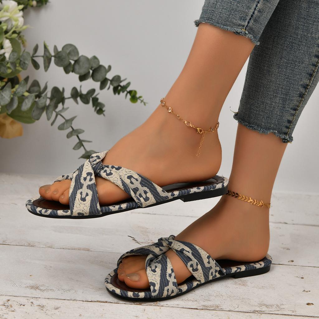 Fashion Printed Pattern Women's Flat Sandals Open Toe Beach Slippers 2024 Summer New One-line Buckle Casual Slippers Shoes for Women